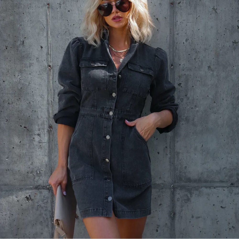 EXCUSE ME POCKETED DENIM MINI DRESS - BLACK